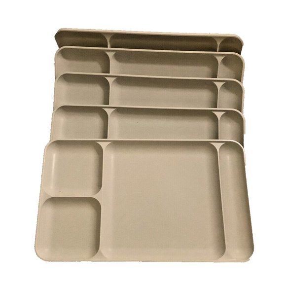 TUPPERWARE Five Divided Lunch Cafeteria Trays Four Compartments Each Almond - Picture 2 of 4
